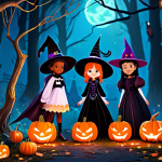 A group of Secret Jouju characters, diverse young magical girls, fully clothed in modest, whimsical Halloween-themed outfits. One wears a sparkling witch hat and cape, another is a friendly fairy with glowing wings, and a third an enchanted princess with pumpkin accents. They are standing together in an enchanted, slightly spooky but beautifully illuminated Halloween forest, with glowing pumpkins and friendly ghost lanterns. Perfect anatomy, correct proportions, natural pose, well-formed hands, proper finger count, natural body proportions, high-quality animation style, vibrant colors, safe for work, appropriate content, fully clothed, family-friendly, professional art.