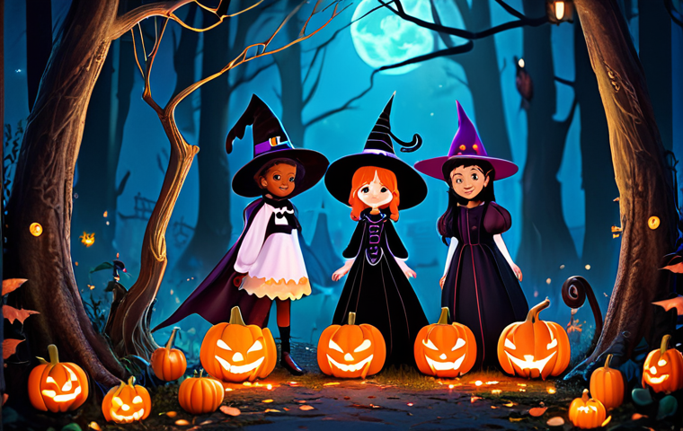 A group of Secret Jouju characters, diverse young magical girls, fully clothed in modest, whimsical Halloween-themed outfits. One wears a sparkling witch hat and cape, another is a friendly fairy with glowing wings, and a third an enchanted princess with pumpkin accents. They are standing together in an enchanted, slightly spooky but beautifully illuminated Halloween forest, with glowing pumpkins and friendly ghost lanterns. Perfect anatomy, correct proportions, natural pose, well-formed hands, proper finger count, natural body proportions, high-quality animation style, vibrant colors, safe for work, appropriate content, fully clothed, family-friendly, professional art.