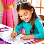 시크릿쥬쥬 색칠공부 도안 - **A young girl immersed in coloring a magical princess.**
    A close-up, high-angle shot of a delig...