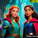 시크릿쥬쥬 한국 및 해외 인기 - A vibrant fantasy scene featuring a diverse group of young female heroes in colorful, detailed costu...