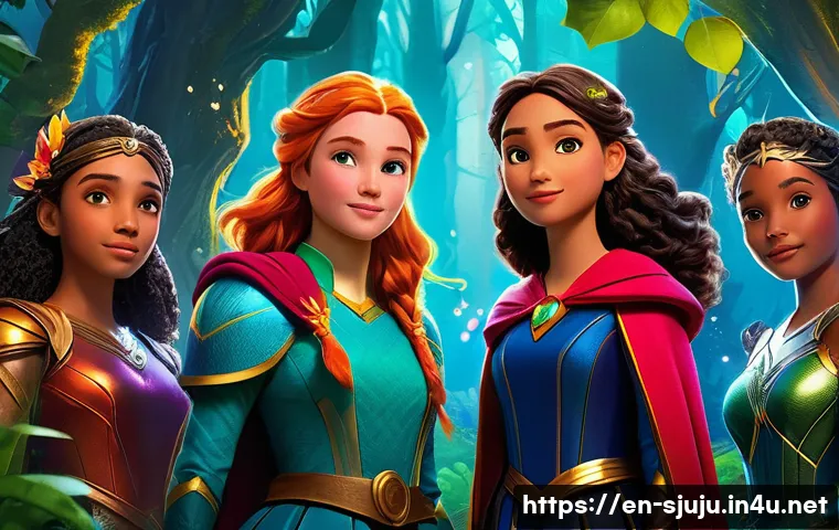 시크릿쥬쥬 한국 및 해외 인기 - A vibrant fantasy scene featuring a diverse group of young female heroes in colorful, detailed costu...