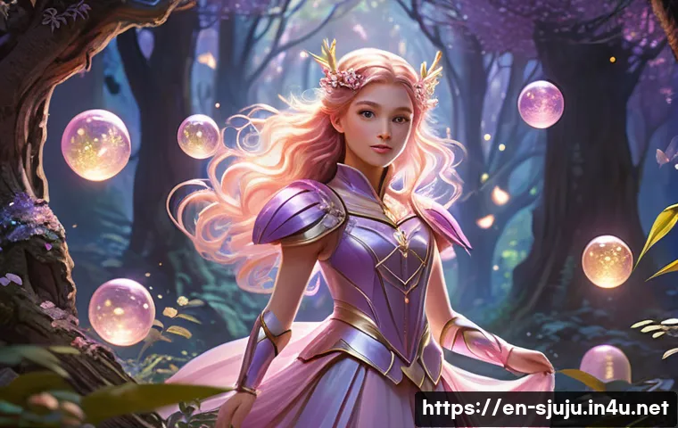 시크릿쥬쥬 인기 에피소드 순위 - A vibrant scene depicting a young magical girl named Jouju standing in a lush, enchanted forest at d...