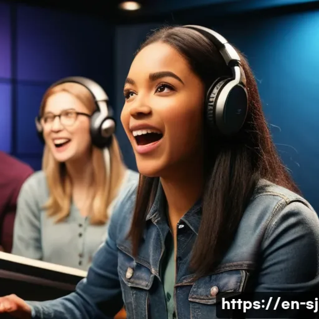 시크릿쥬쥬 캐릭터 성우 - A vibrant recording studio scene featuring a diverse group of professional voice actors, including a...