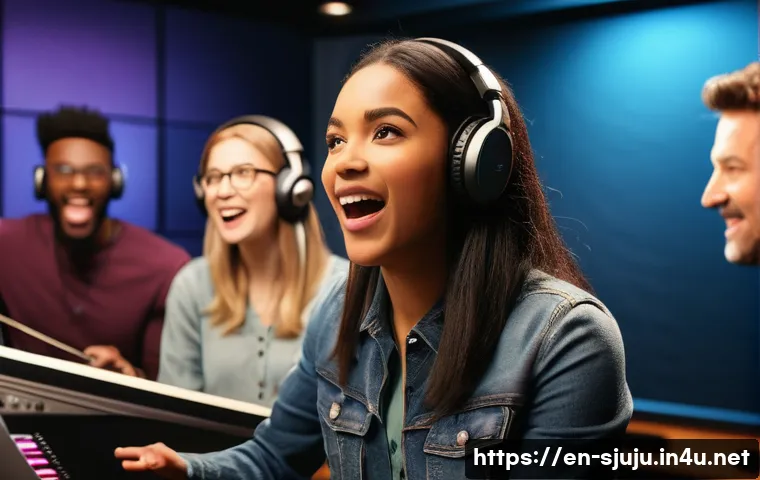 시크릿쥬쥬 캐릭터 성우 - A vibrant recording studio scene featuring a diverse group of professional voice actors, including a...