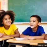 시크릿쥬쥬 긍정적인 메시지 - A diverse group of young children, ages 6 to 8, sitting together in a colorful classroom setting, at...