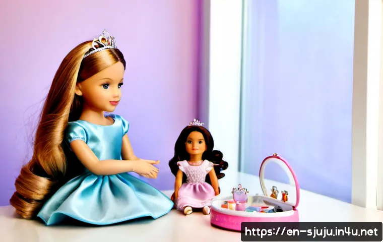 시크릿쥬쥬 장난감 리뷰 - Photorealistic children’s fashion-doll toy review scene, a colorful princess-themed doll with long s...