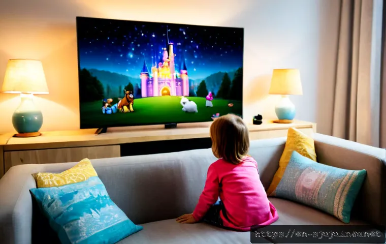 시크릿쥬쥬 넷플릭스 상영 - Photorealistic cozy family living room at evening, a mother and young daughter sitting on a soft sof...